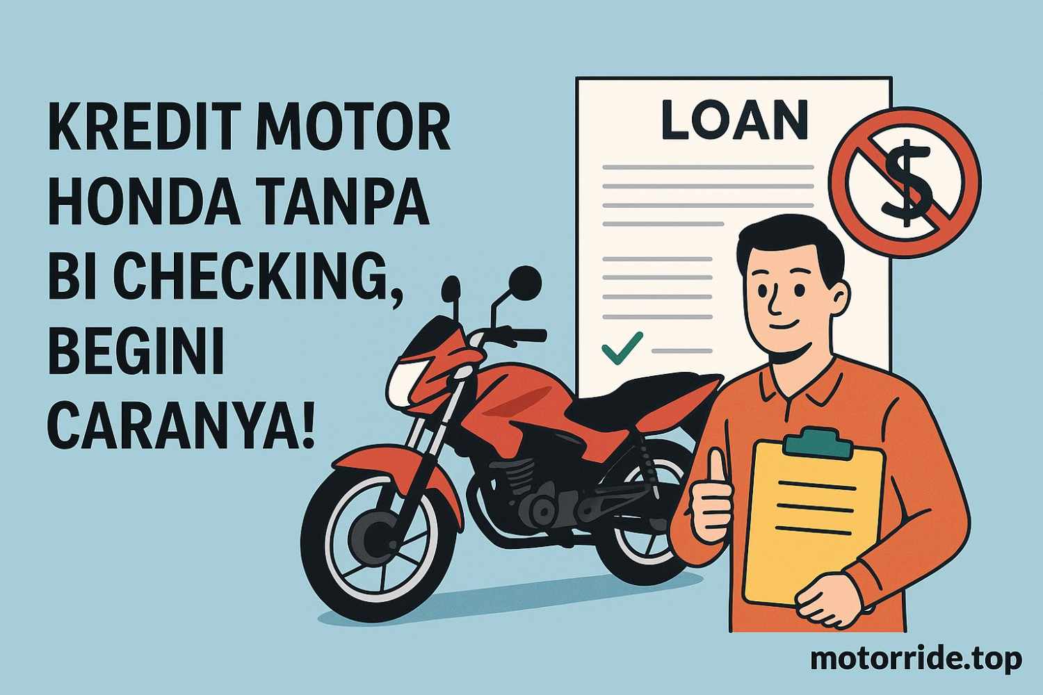Ilustrasi digital berwarna kredit motor Honda tanpa BI checking — menampilkan motor Honda merah, pria memegang clipboard, dan dokumen kredit dengan tanda silang, serta teks “KREDIT MOTOR HONDA TANPA BI CHECKING, BEGINI CARANYA!” di latar biru dengan logo motorride.top tebal.