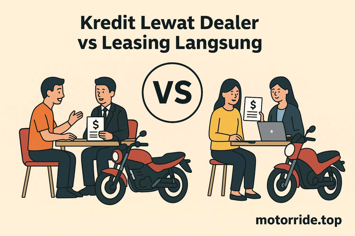 Ilustrasi proses kredit motor lewat dealer vs leasing langsung