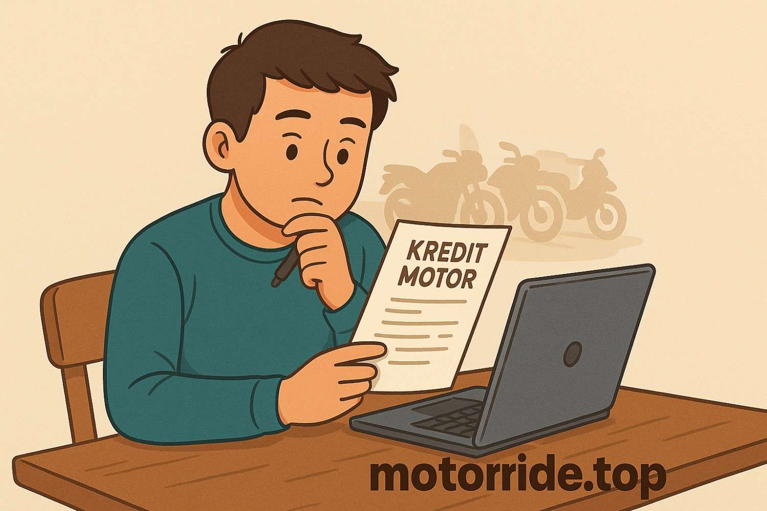 Seorang pemula sedang mempelajari dokumen kredit motor di depan laptop